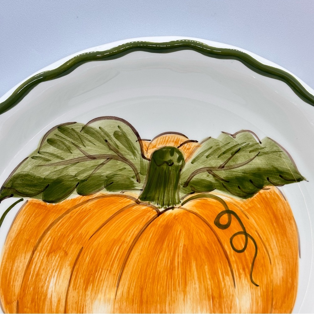 Williams-Sonoma Pumpkin Design Ceramic Pie Dish 9.75" Round White Orange Green - Picture 3 of 8